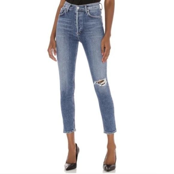 AGOLDE Nico‎ Distressed High Rise Slim Fit Blue - Picture 1 of 6